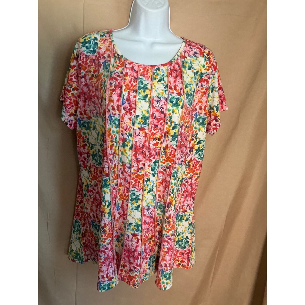 NorthStyle Floral Pintuck Top Womens XL Multicolor Excellent Short Sleeve Knit